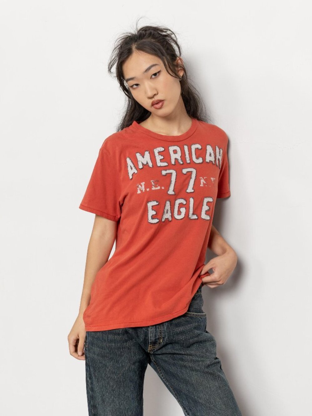 American Eagle Red Distressed Font Tee Faded Y2K 2000s